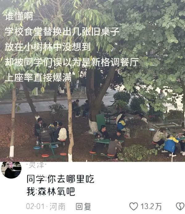 学校食堂替换出九张旧桌子，放在小树林中没想到却被同学们误以为是新格调餐厅，上座率