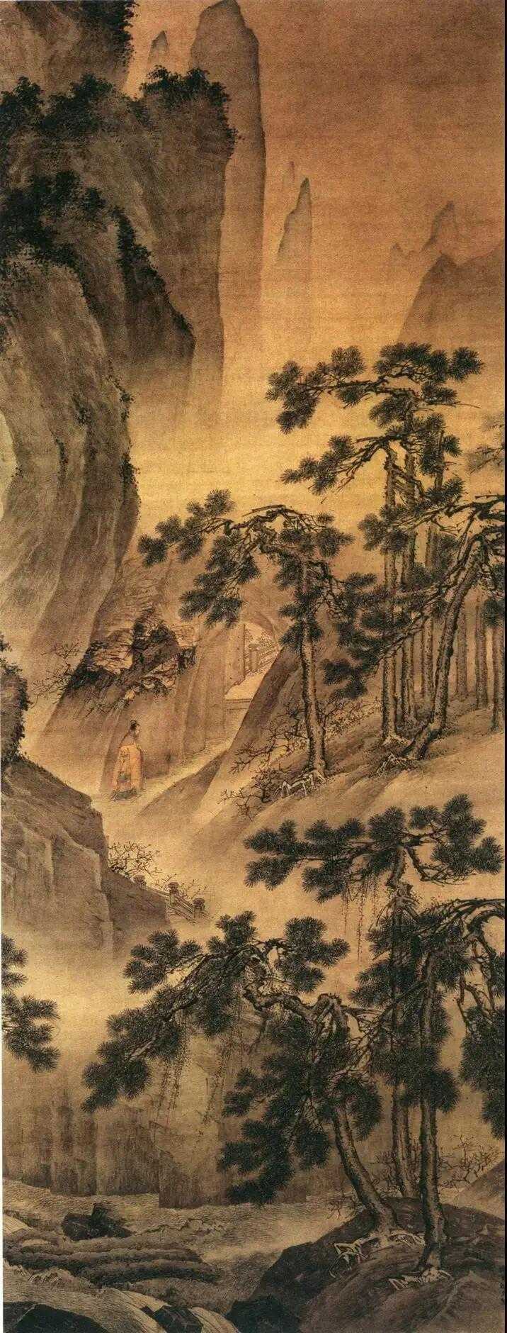 明戴进《洞天问道图》。树枝线条挺拔有力，笔法劲秀利落，没有多余的拖沓；山石主要
