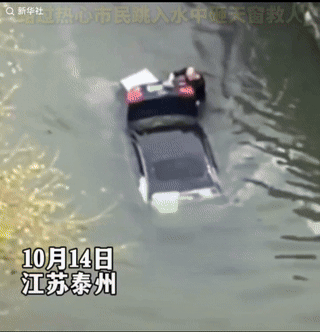 “上新华社了！”司机驾驶一辆轿车不慎坠入河中，危急之时，路过的热心市民看到后，当