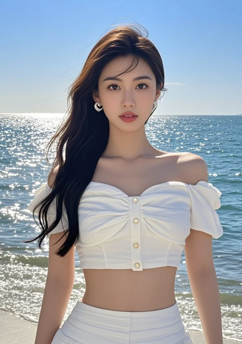 她伫立礁石，任咸涩海风亲吻面庞