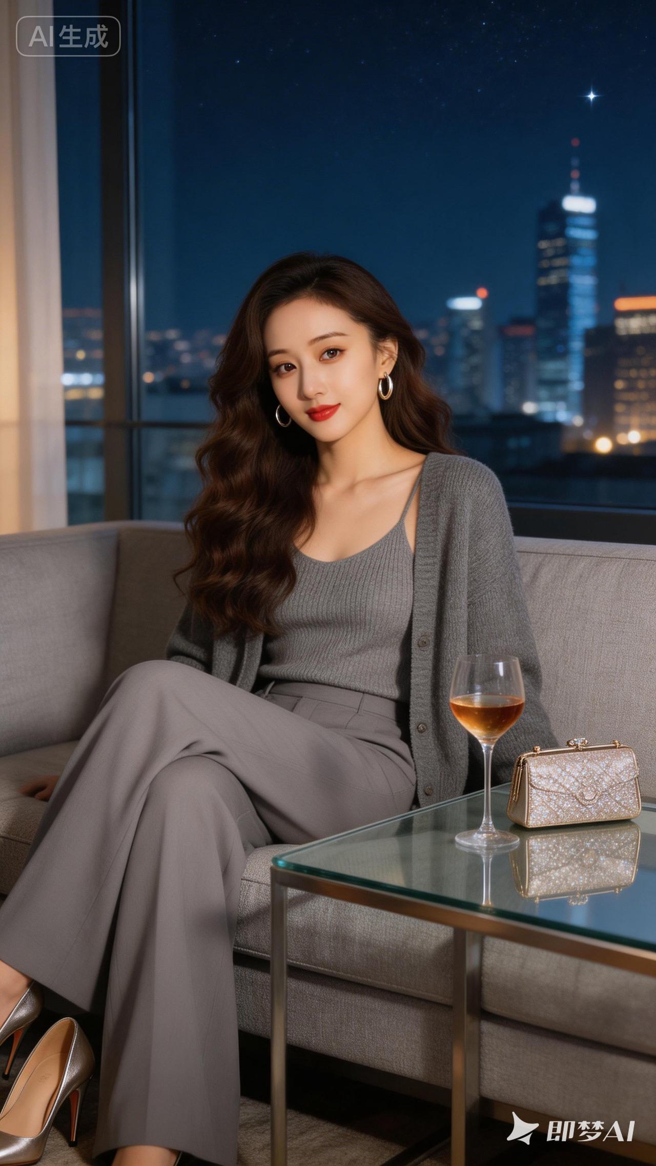 都市夜景下的优雅时光，时尚穿搭与美酒相伴。