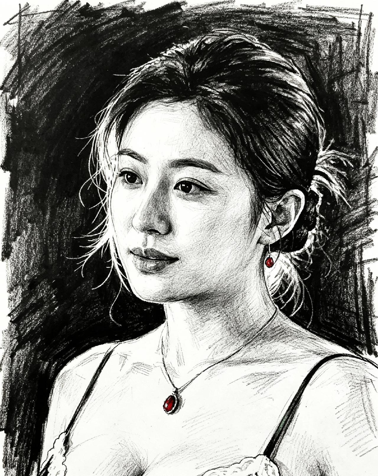 唐一飞书画作品：炭笔下的倩影和眼神