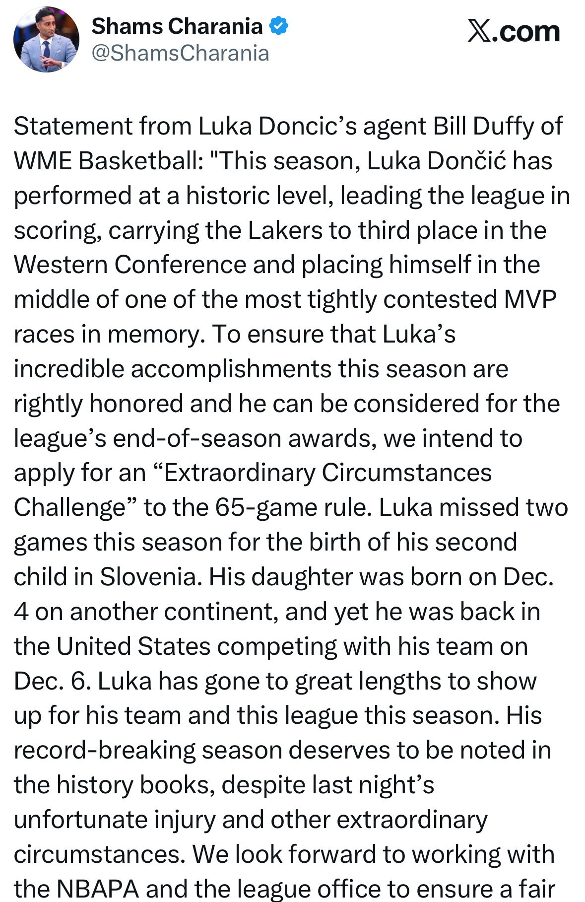 东契奇的经纪人比尔-达菲发表声明：本赛季，东契奇打出了历史级别的表现，领跑联盟得