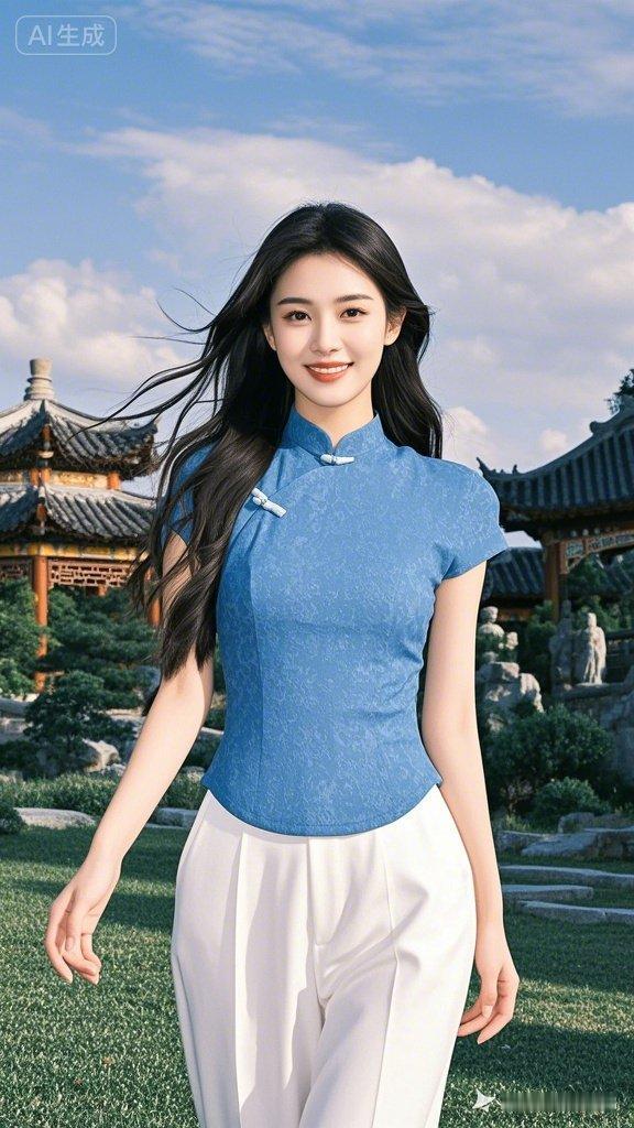 古风少女漫步在园林中，蓝衣白裤，清新脱俗！
