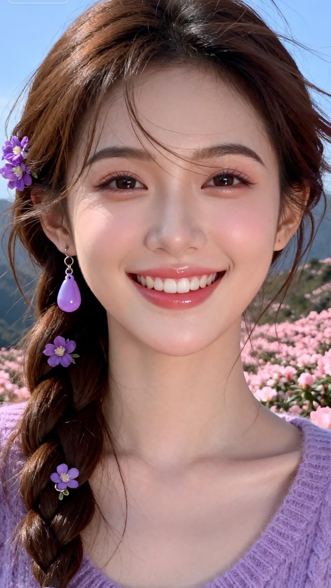 春日花海中的甜美笑容，紫色耳环与发饰相得益彰，少女心满满！🌸💜😊