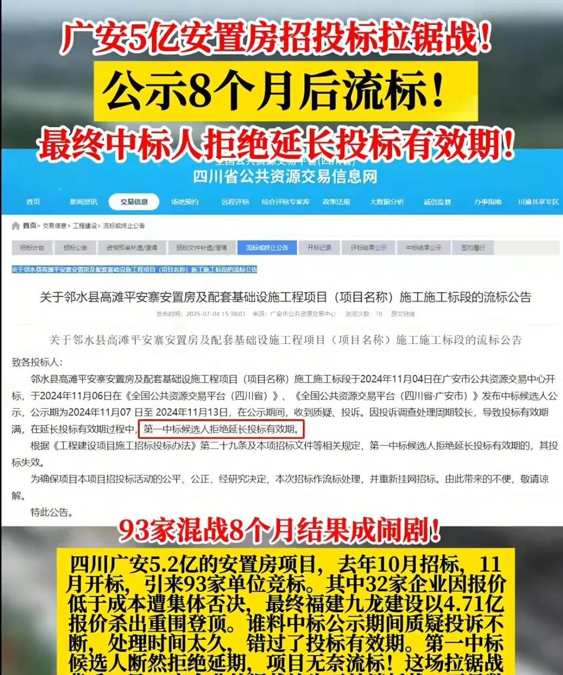 93家企业混战8个月结果成闹剧？！四川5亿安置房招投标拉锯战，公示8个月后流标！