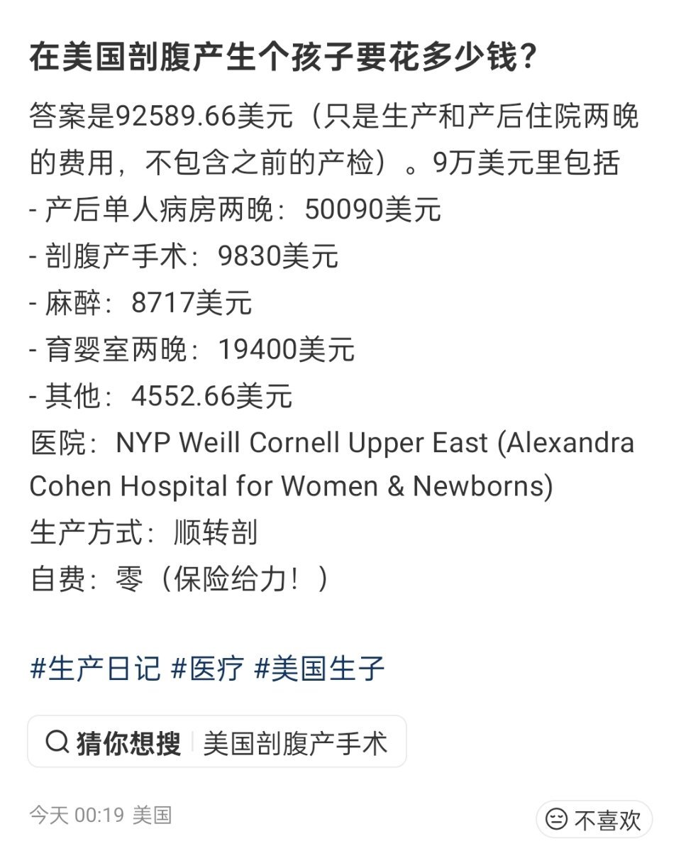 🔻在美国剖腹产生个孩子要花多少钱？🔻答案是92589.66美元。🔻自费：零