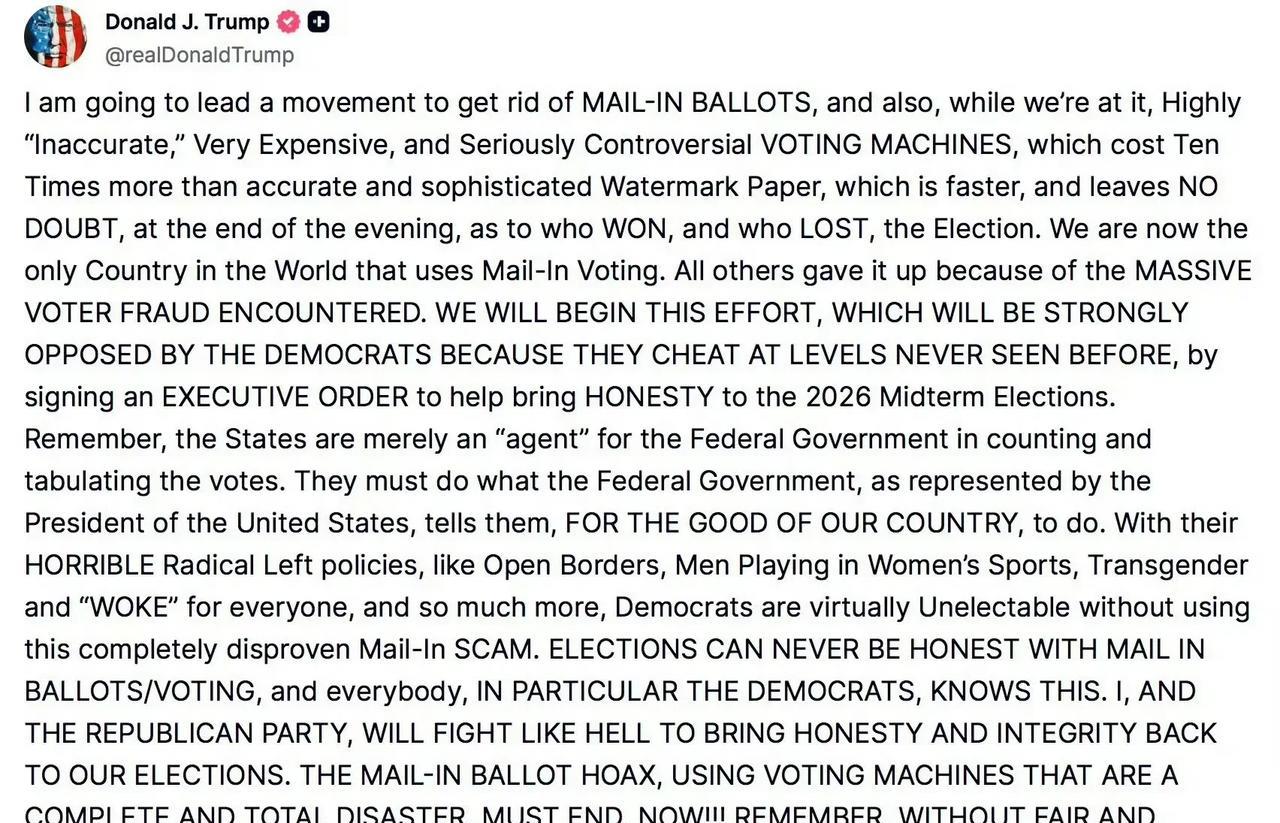 美国的选举方式彻底变天，民主党估计要炸锅了！特朗普将签署行政命令，2026年中