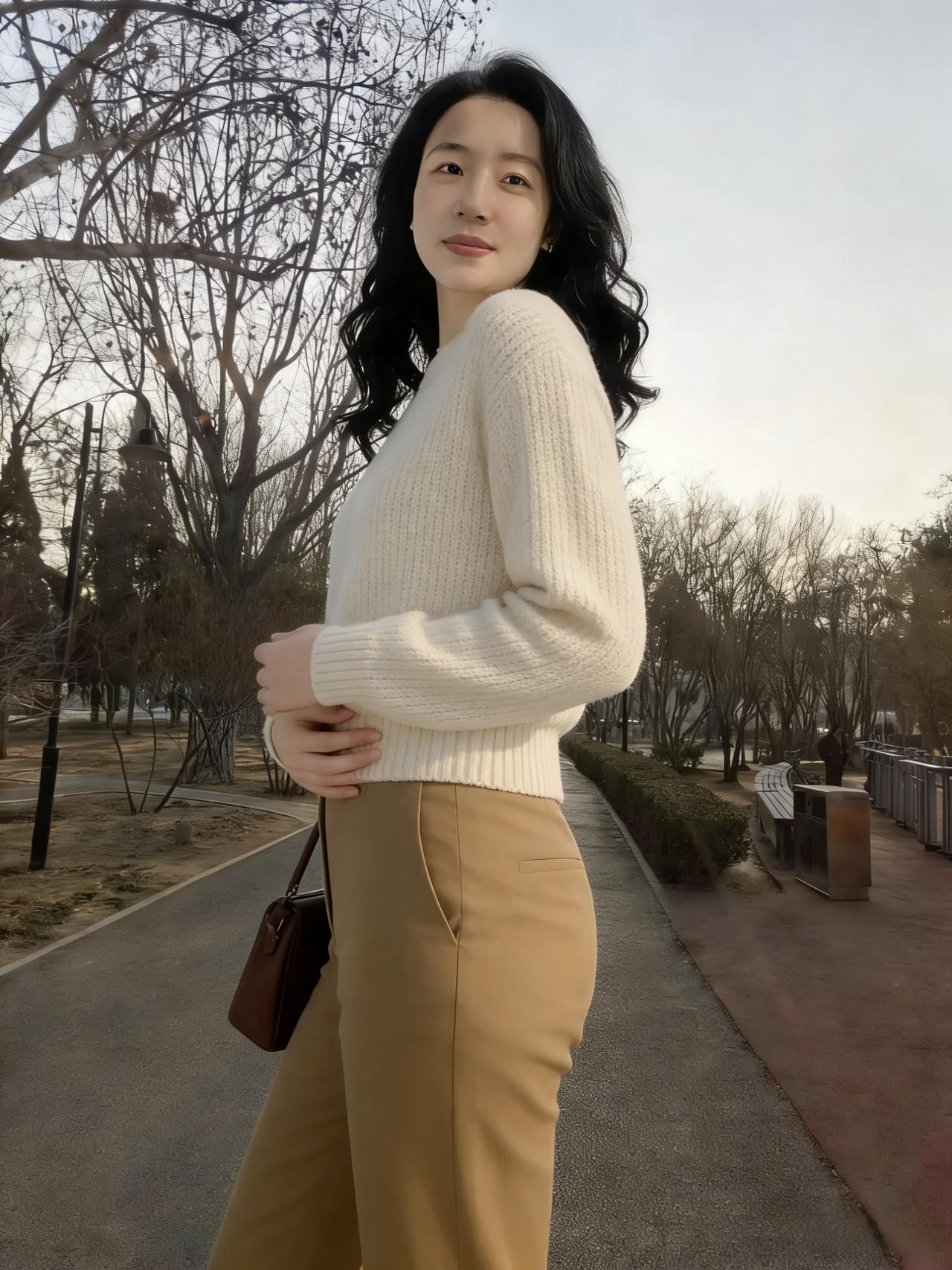 郊原余雪在，林径晓风轻。素缕凝云色，驼裳衬日明。提包循岸走，携笑踏霜行。偶