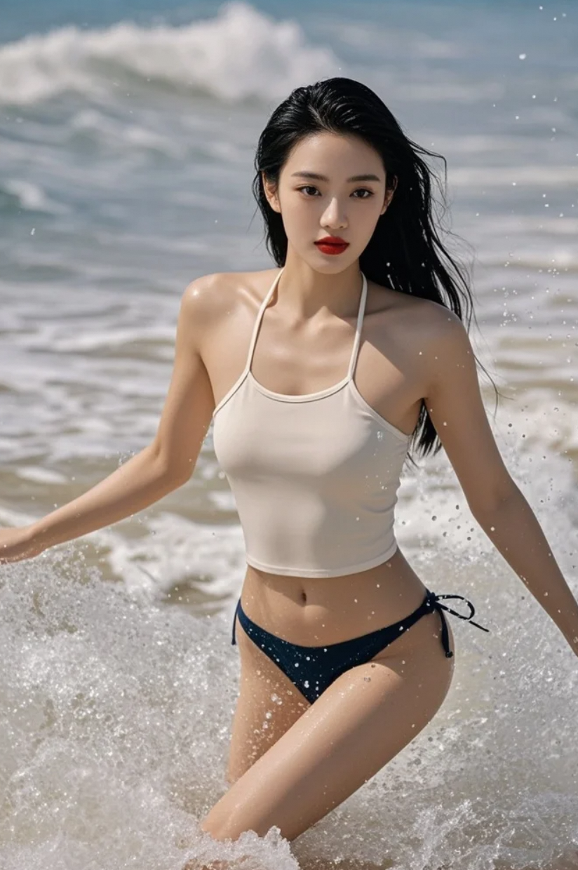 她站在浪花尽头遥望远方，美得像一幅画