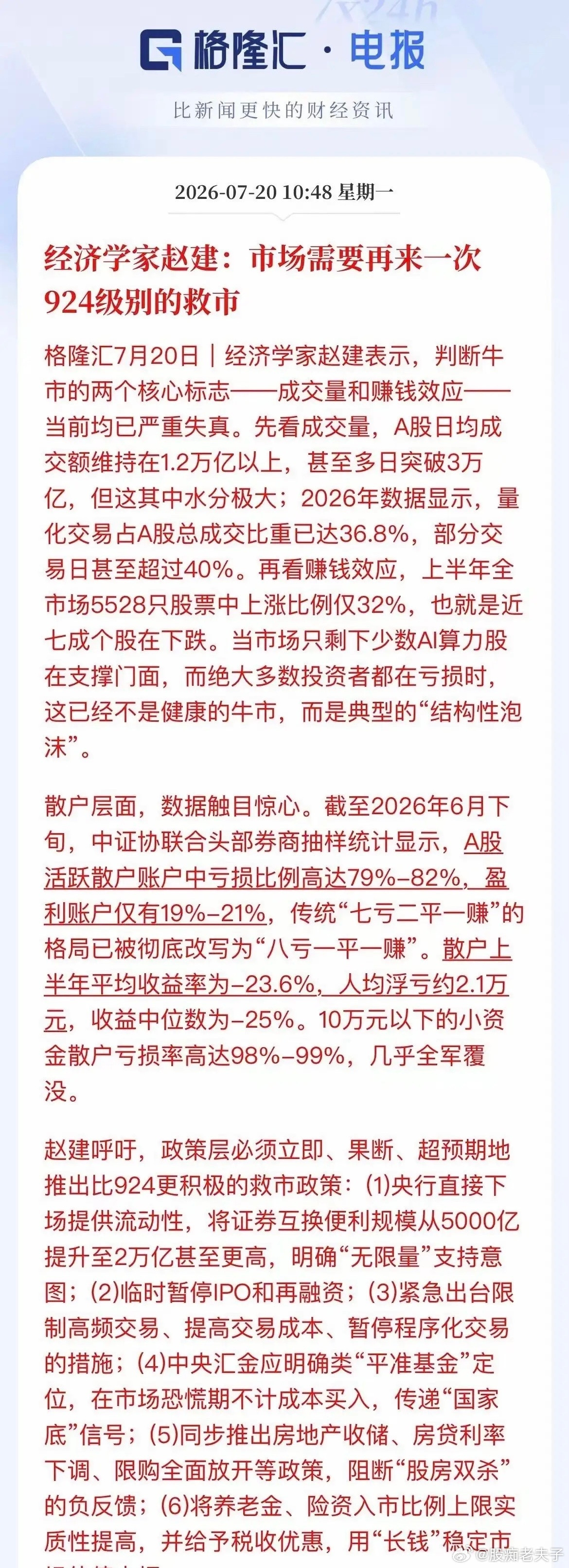 著名经济学家又为股民呐喊，希望能再来一次924行情的救市！其理由散亏损严重，据资