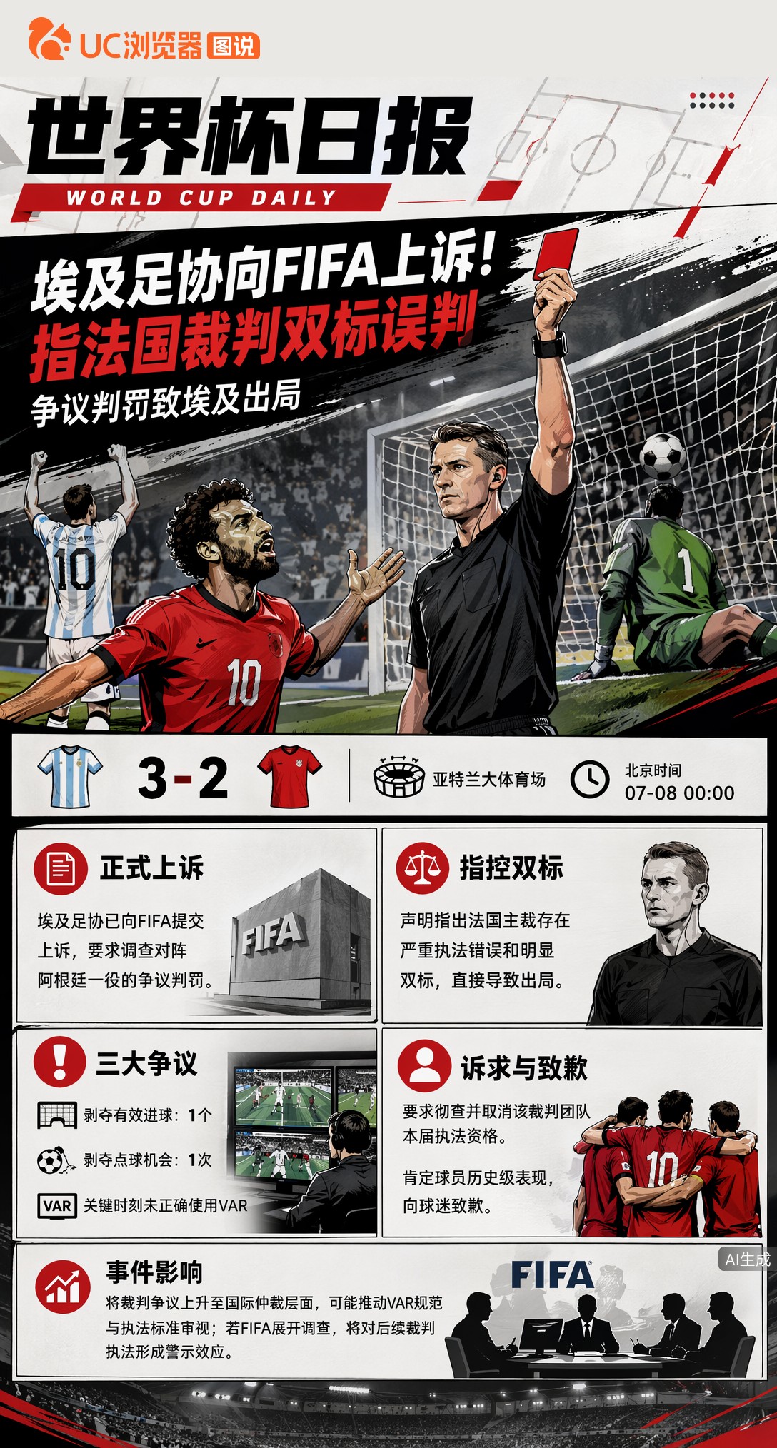 埃及足协向FIFA上诉！指法国裁判双标误判，剑指取消执法资格
