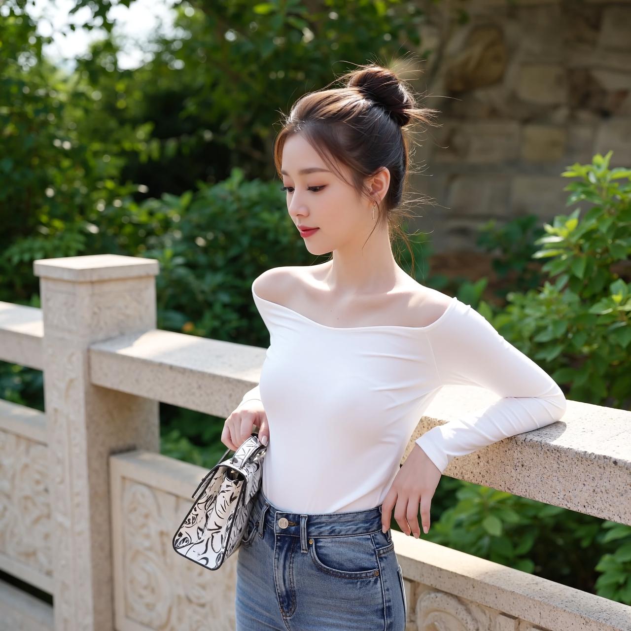 绿树掩映下，佳人倚栏思。