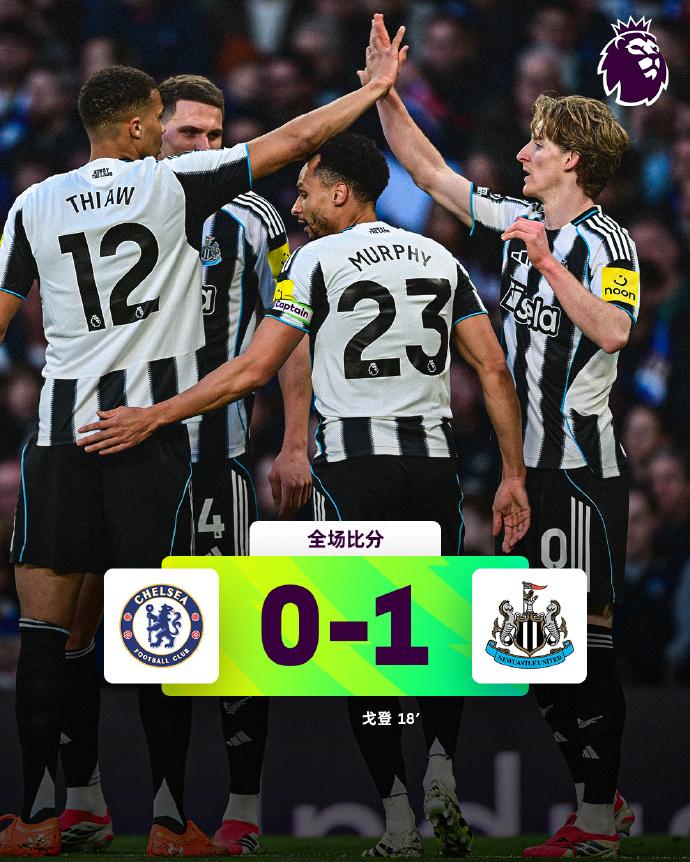 全场比分|切尔西0-1纽卡斯尔联⚽第18分钟，威洛克单刀机会横敲，