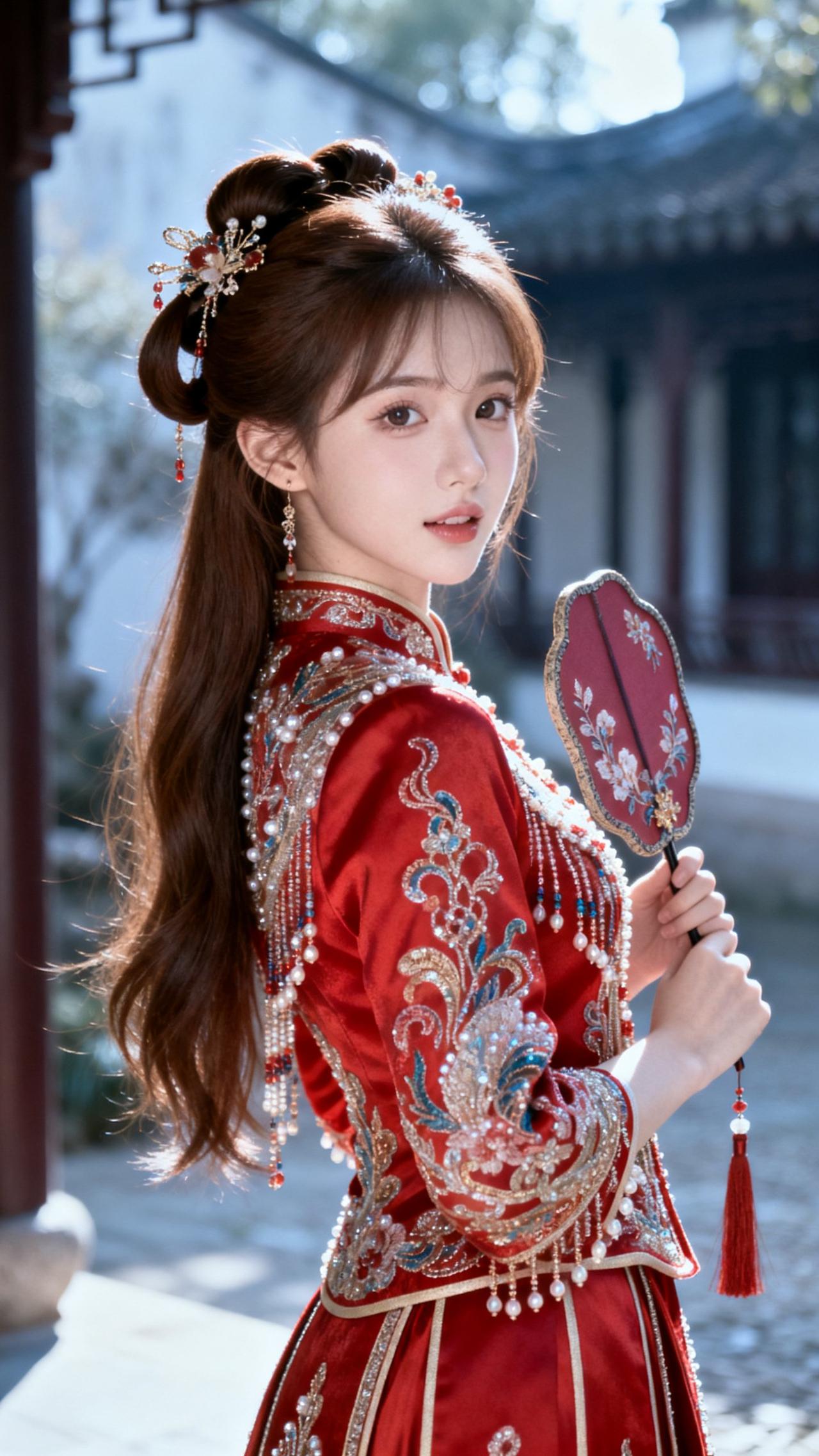 红妆美人倚，古风韵自生。