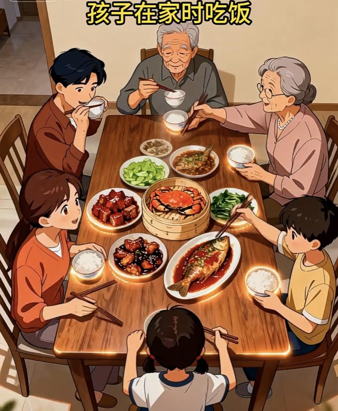 “父母总是偏爱孩子们，每次一来菜总是那么大鱼大肉，自己两人总是随便对付一口，