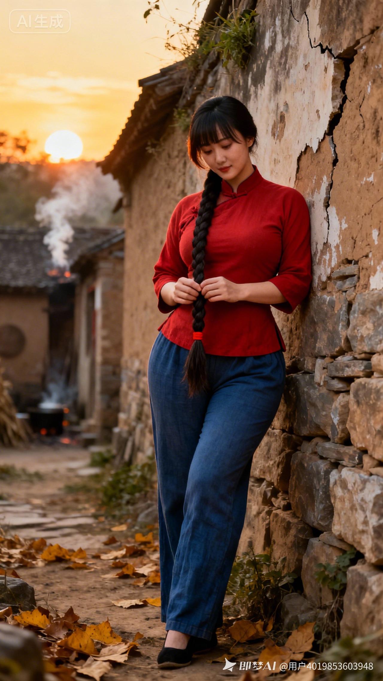 秋日暖阳下，红衣少女倚墙而立，古风韵味十足。