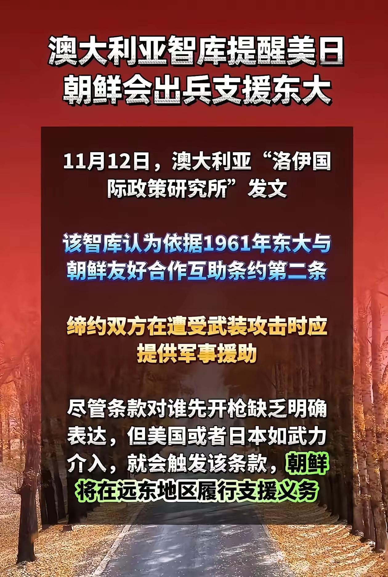 澳大利亚智库这提醒真够直接：日本要是敢动武力插手台海，中朝互助条约一激活，朝鲜百
