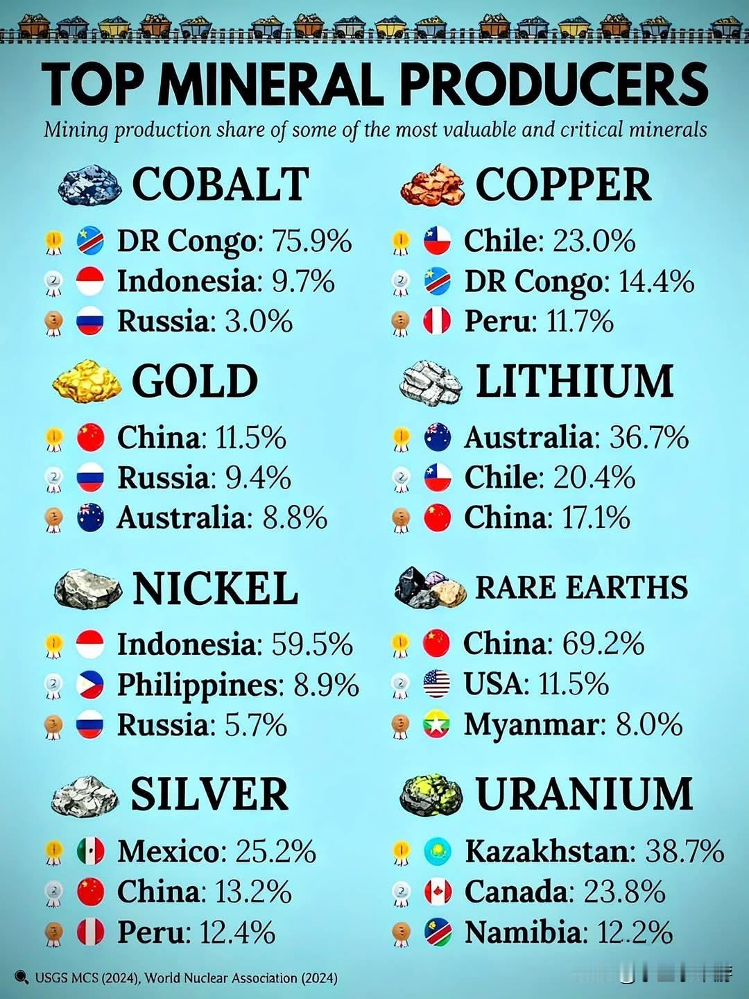 全球主要矿产生产国（高价值/关键矿产开采份额）1. 钴-最大生产国