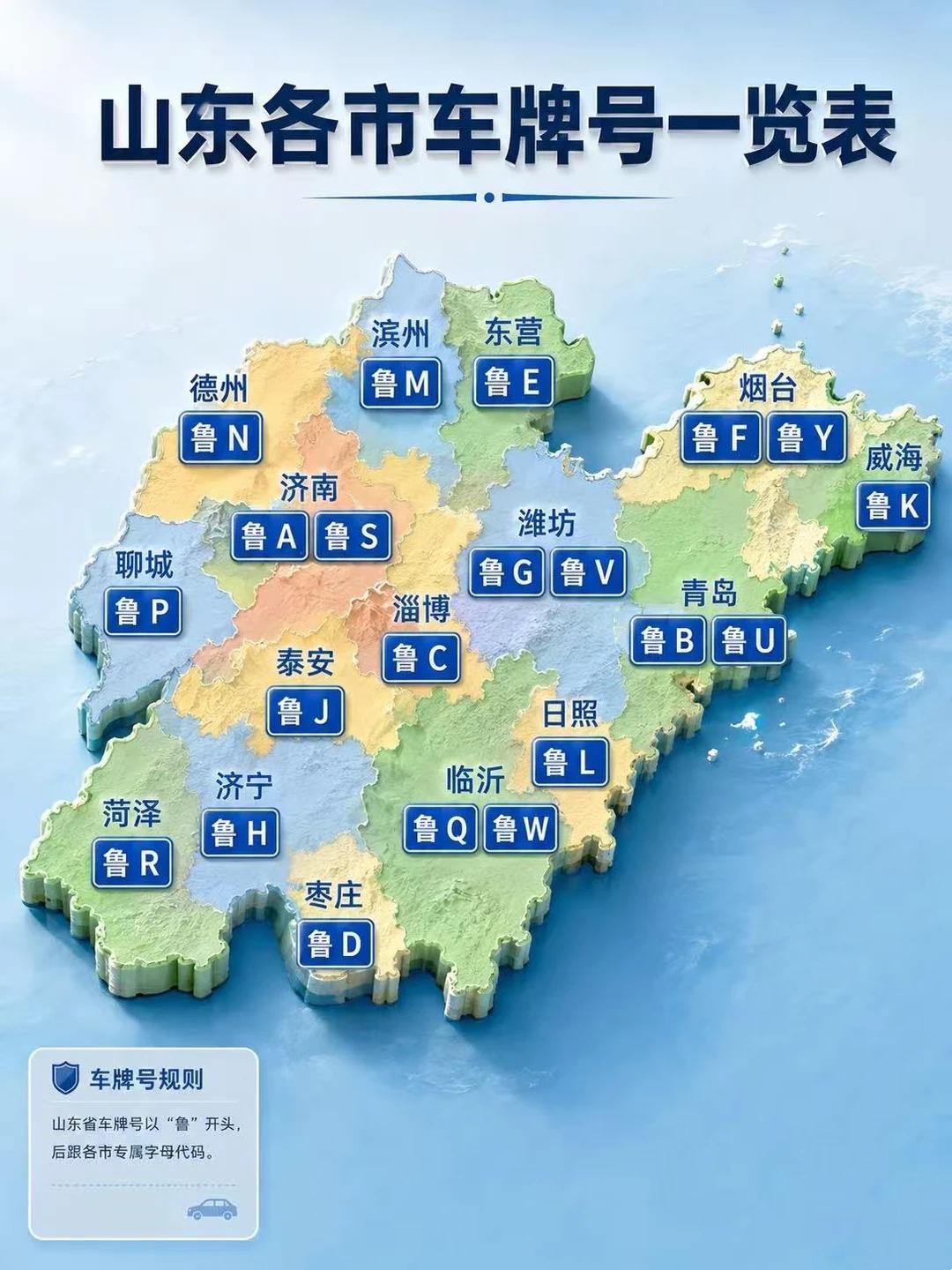 山东境内各地市车牌号一览图。鲁A为济南，鲁B为青岛，鲁C为淄博，鲁D为枣庄，鲁E