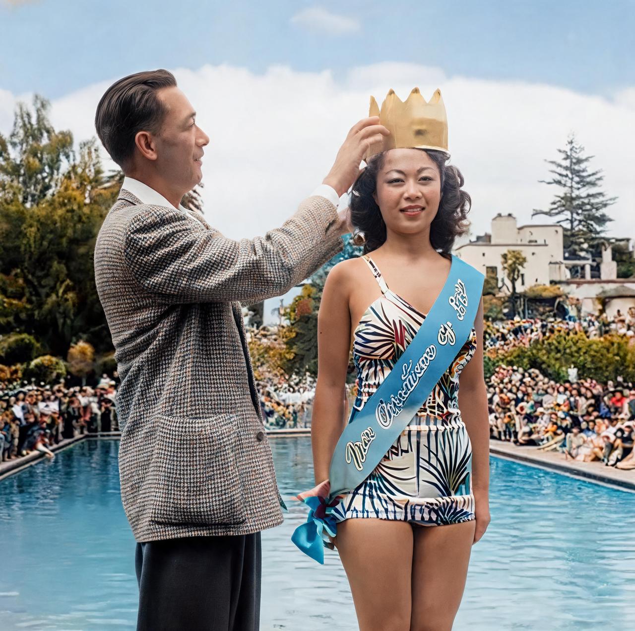 这是1948年旧金山首届华埠小姐选美比赛，也是华人女性首次在公开赛事身着泳装登台