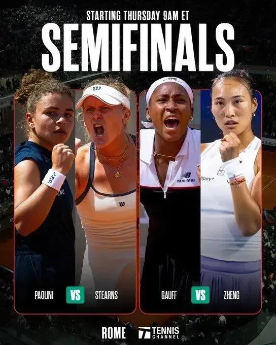 2025年WTA罗马站女单半决赛赛程:5月15日21:00鲍利尼（意大利）v