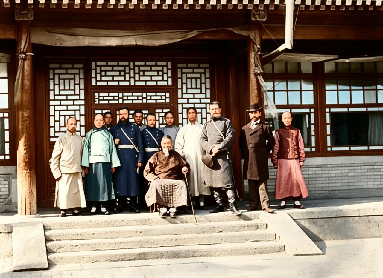 这是百年前李鸿章与随从还有俄国军官在贤良寺西跨院内。虽然，李鸿章在京城也有大房子