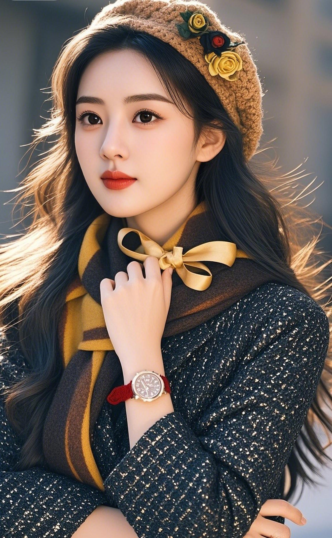 上联：俏倚冬阳，绒帽簪花柔映靥下联：闲笼暖意，围巾系蝶雅萦身