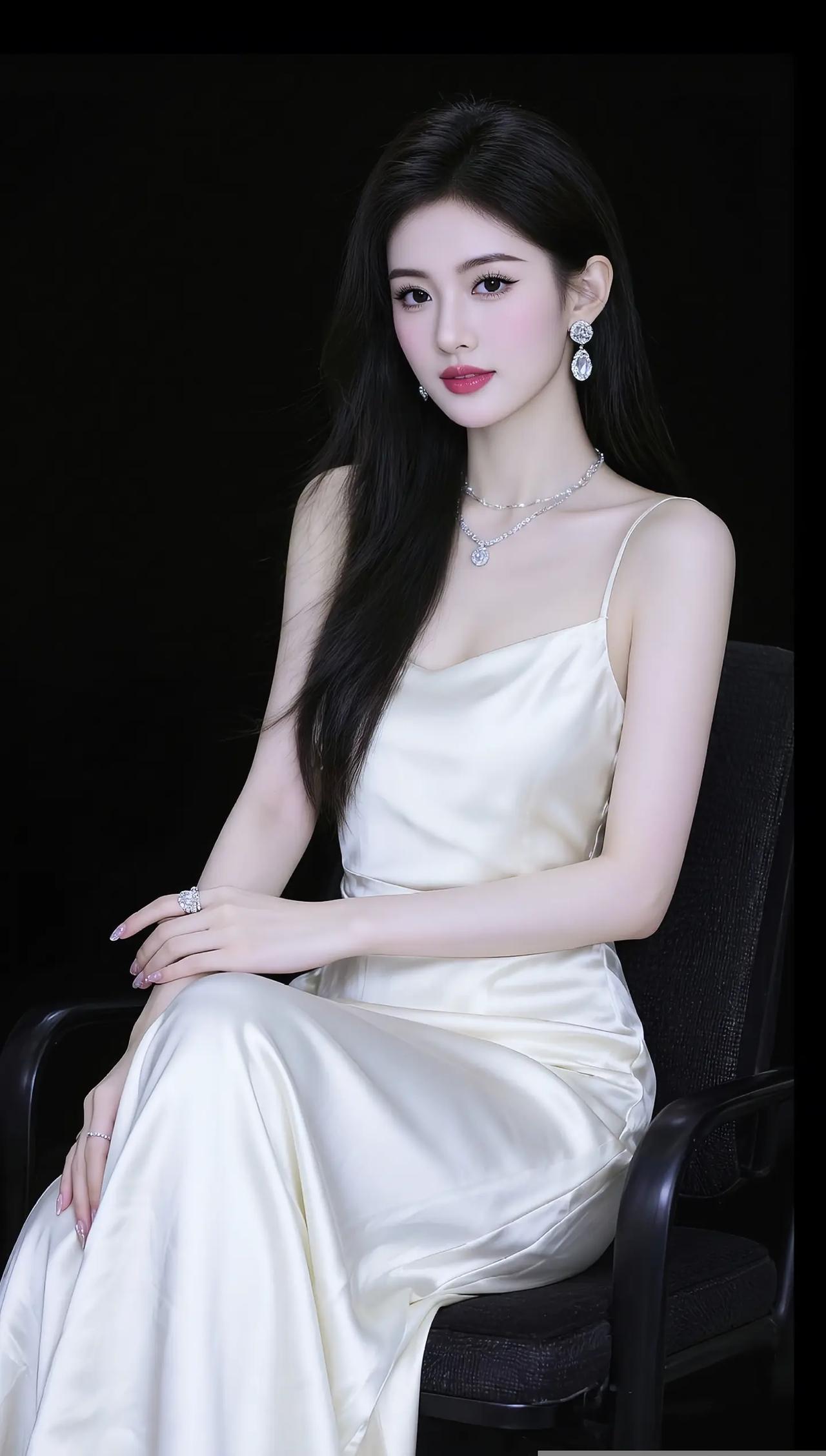 优雅黑发美人，穿着缎面长裙，佩戴闪亮珠宝，坐在黑色椅子上，背景为纯黑色。