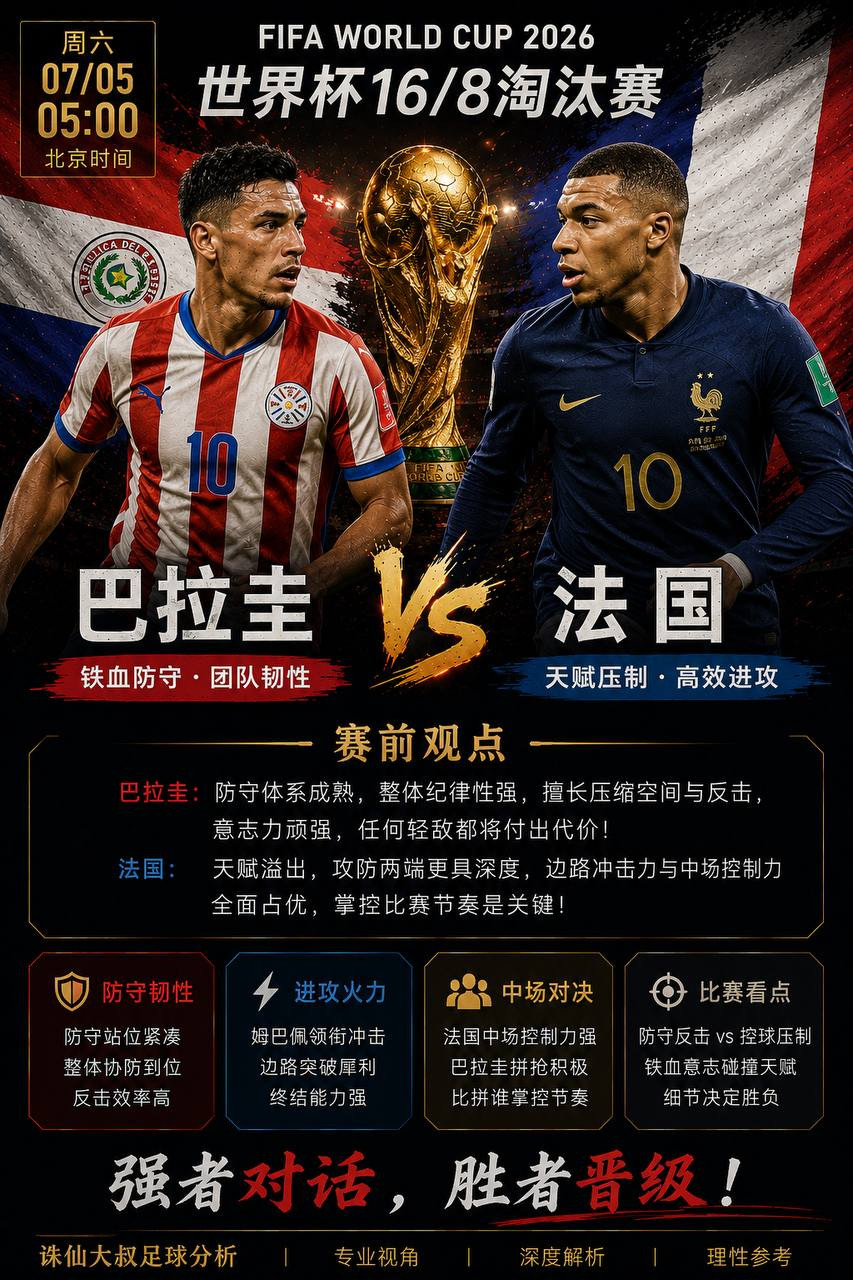 🔥大叔世界杯16强前瞻｜巴拉圭VS法国：通往八强的关键一战，法国能否跨过南美铁