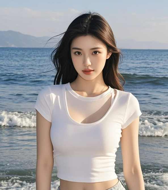 海浪轻拍沙滩，她笑得让人心醉