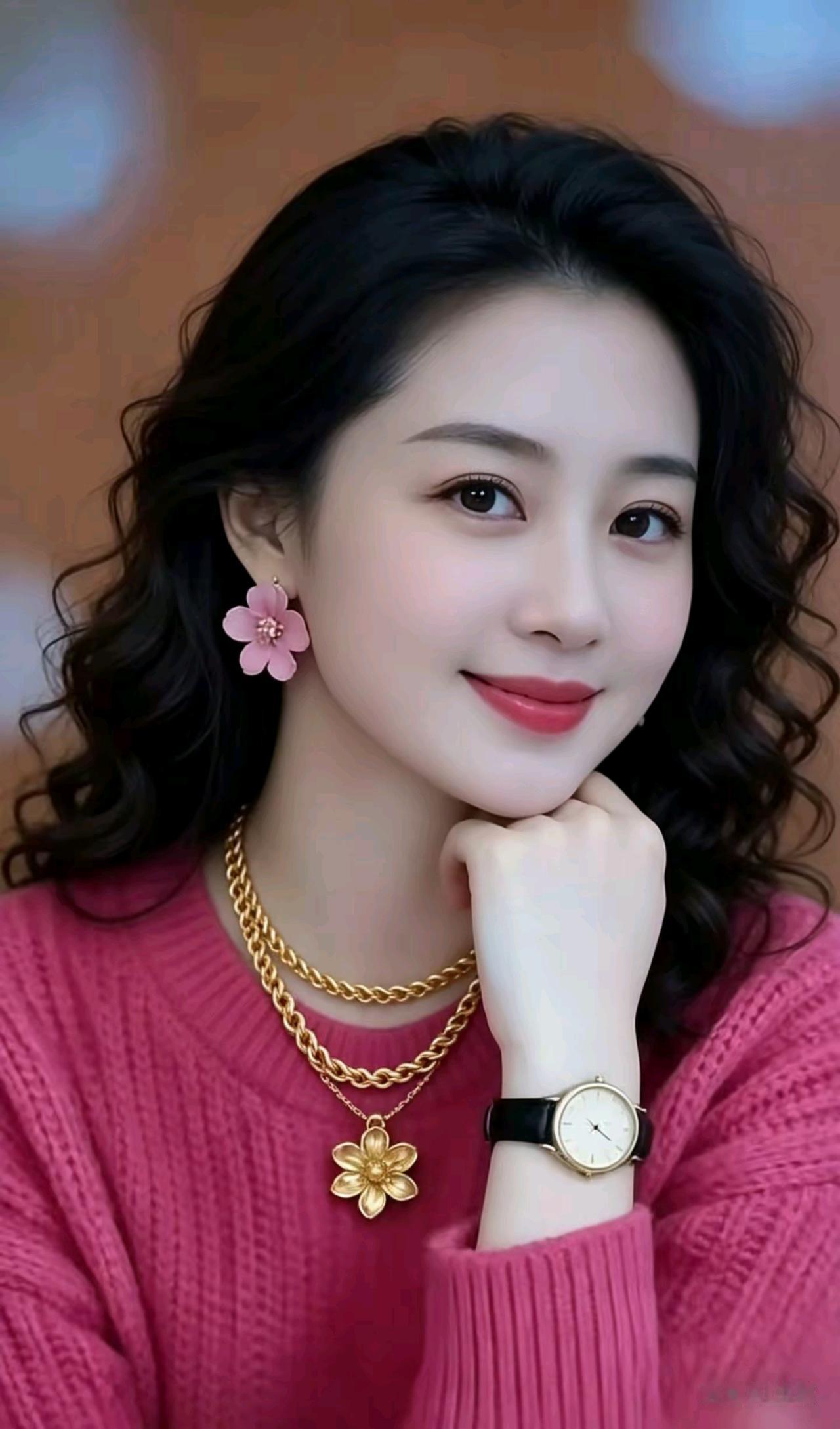 芳颜雅韵卷发似云衬丽容，粉坠盈光映颊红。玫衫柔婉添灵秀，金链玲珑映玉丛。