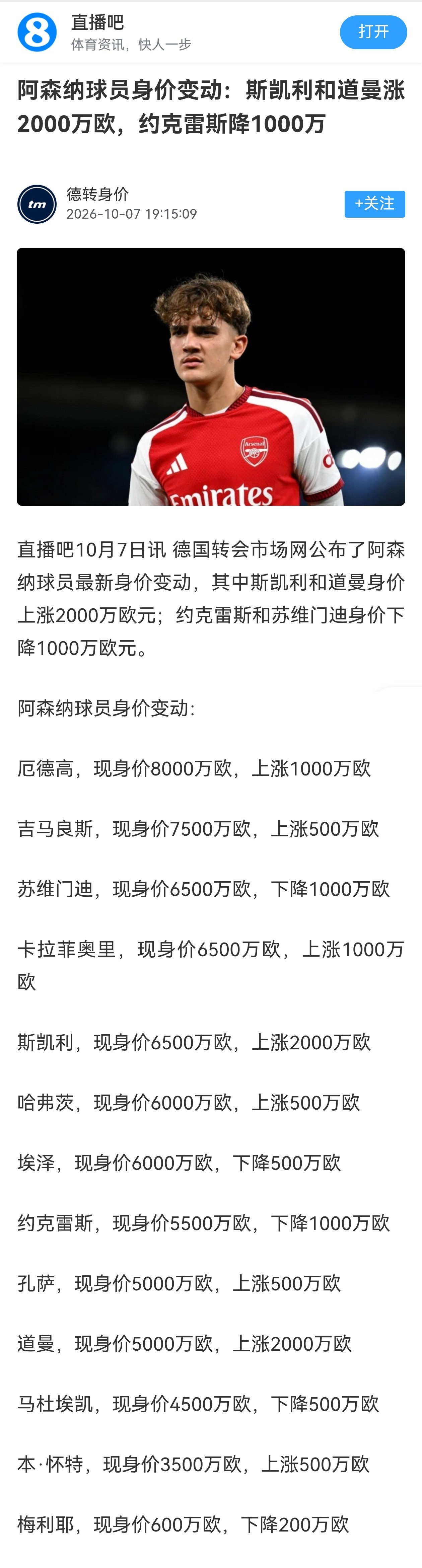🚨德转最新身价：斯凯利和道曼大幅上涨2000万欧。阿森纳​​​