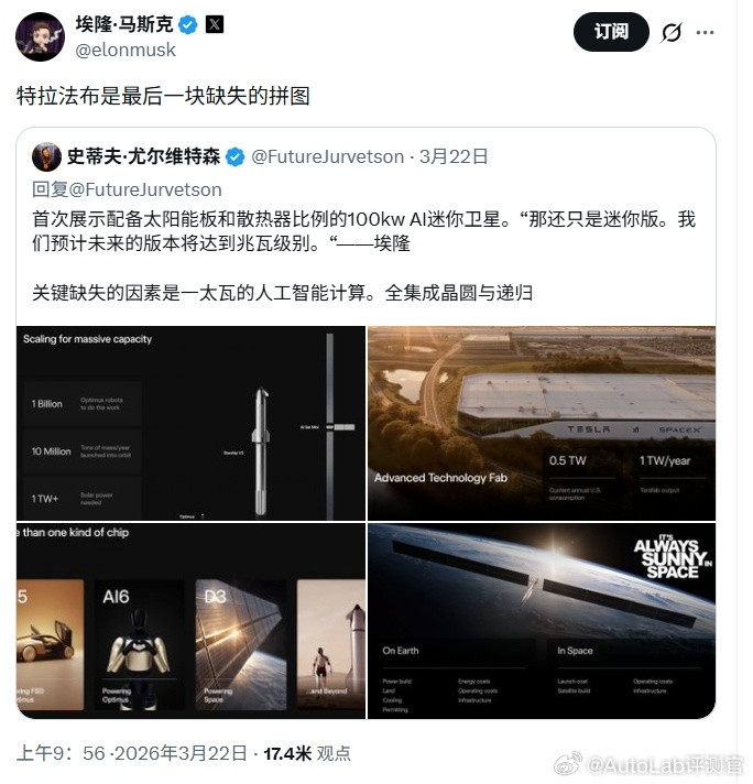 马斯克表示Terafab将是最后一块缺失的拼图。给大家回顾一下马斯克整个“拼图”