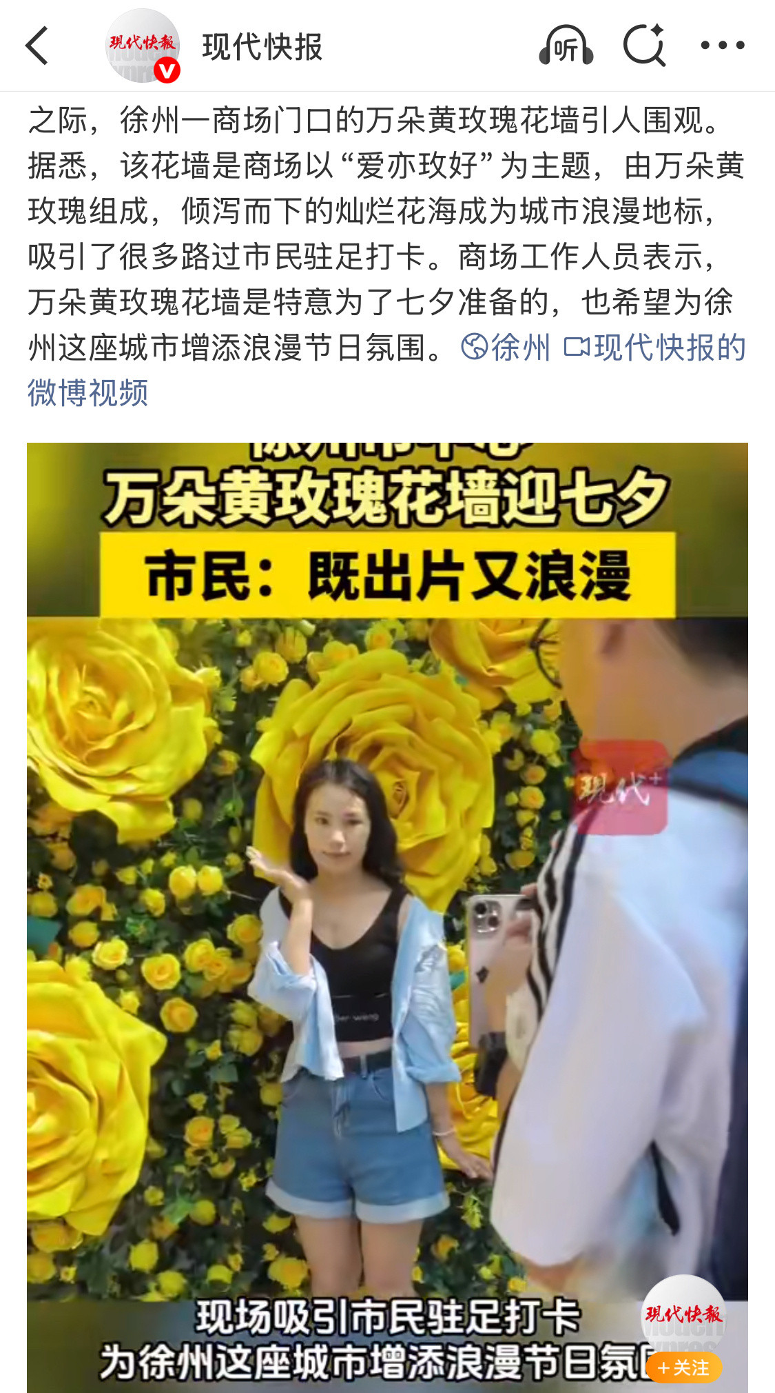 今年徐州七夕的黄玫瑰花墙好美啊，刷到网友抓拍，故事感拉满。​​​
