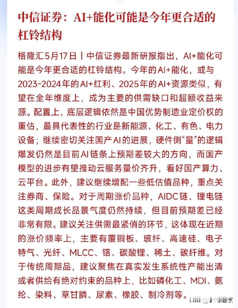 中信给出了今年的主线操作策略以及配置的板块中信：今年炒股优先搞AI赛道和能源化