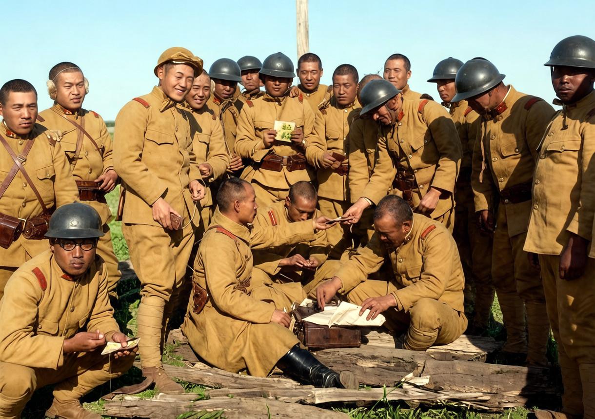 1931年，“九一八事变”事变之后，日本军官在给士兵发军饷。站在旁边的日本士