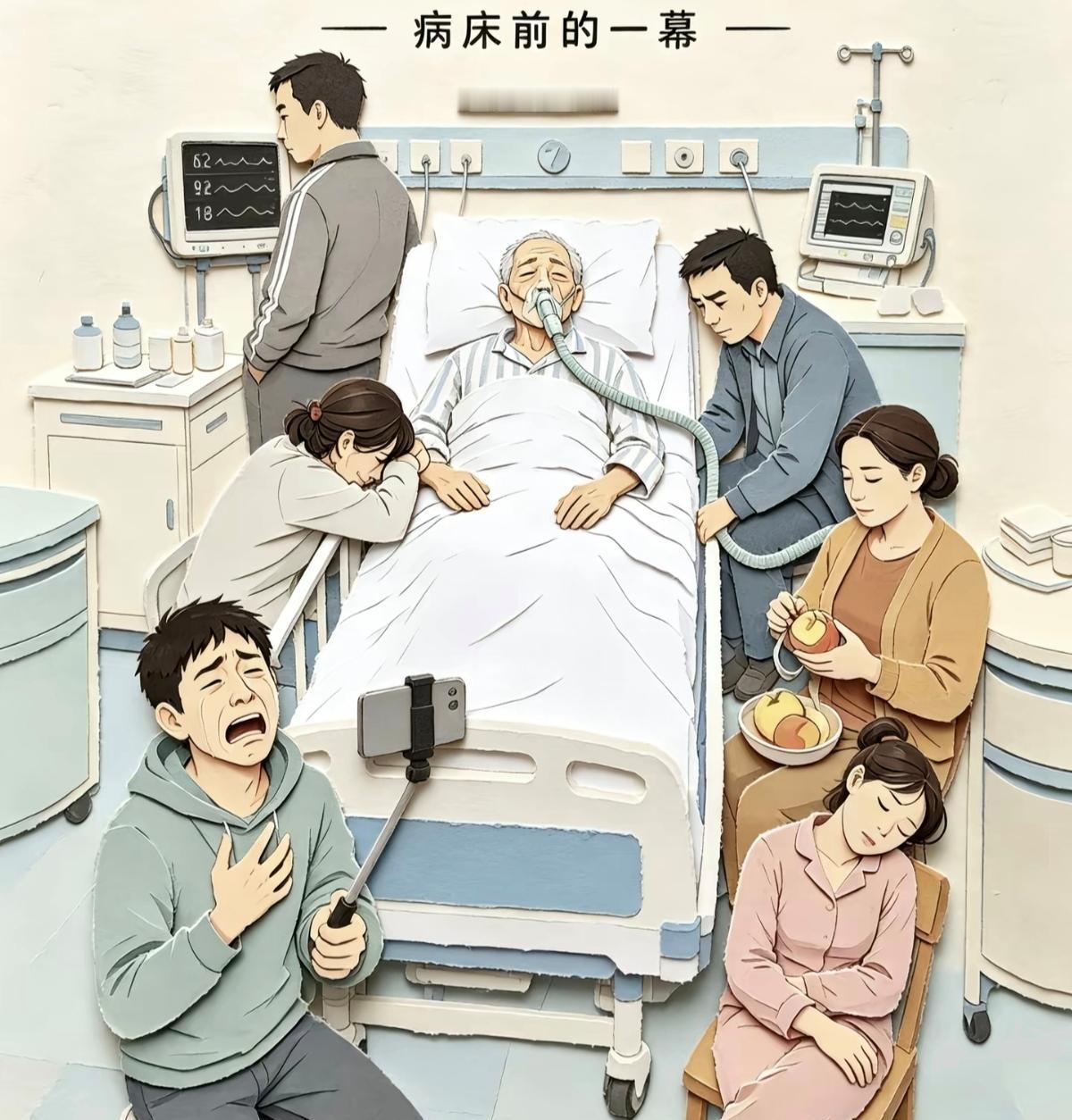 图中老人的6个子女中，只有一个是真孝顺，大家通过表情观察和动作对比，可以找出来这
