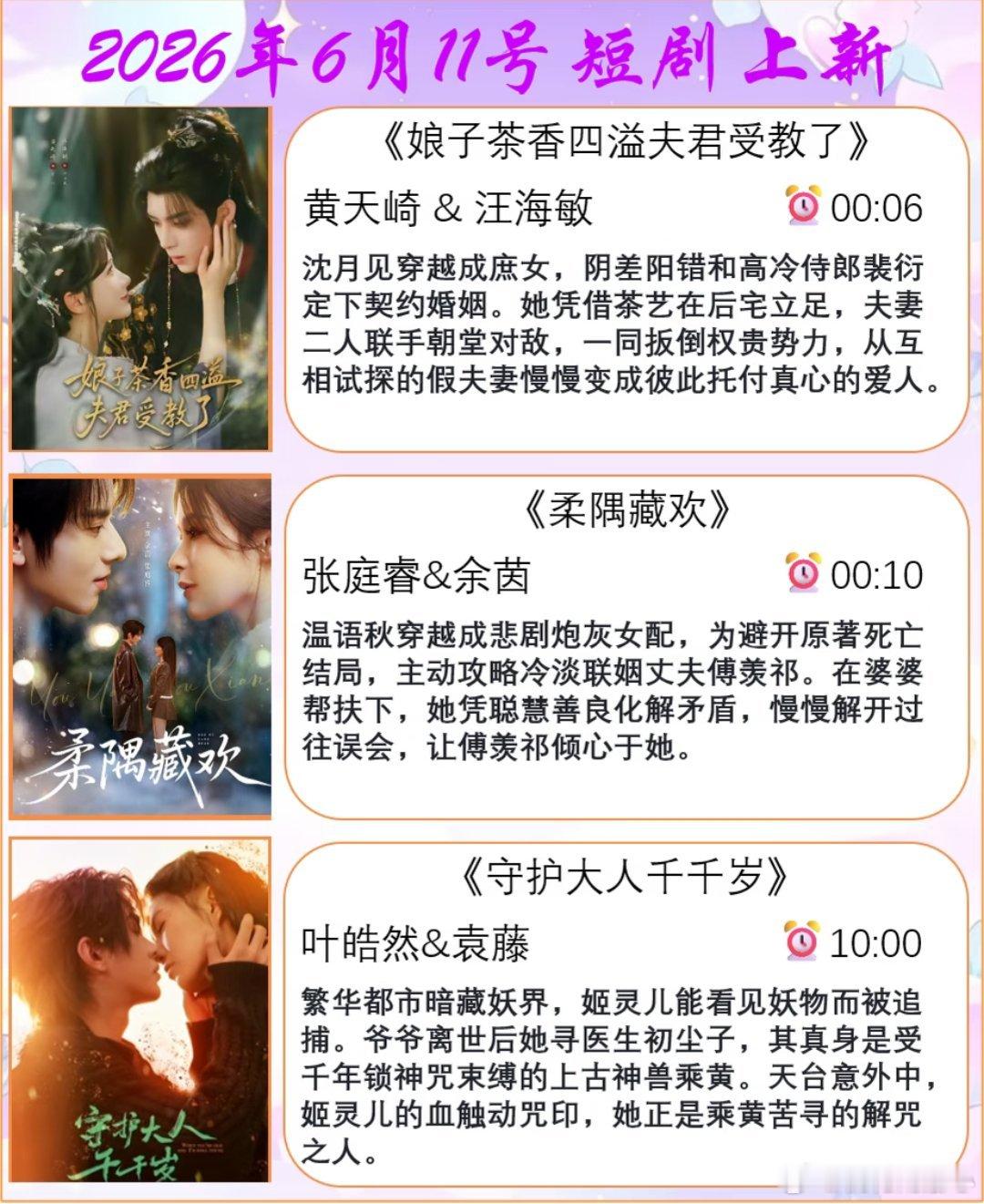 6.11短剧上新看哪部？柔隅藏欢可爱入侵我在风花雪雨等你这三部可以看了！余