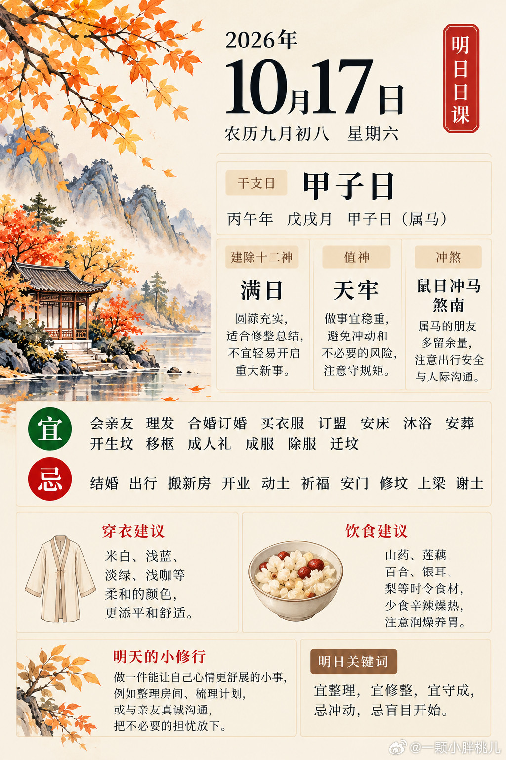 明日日课｜10月17日·甲子日明日是农历九月初八，丙午年、戊戌月、甲子日。甲木为阳木，如参天大树，生