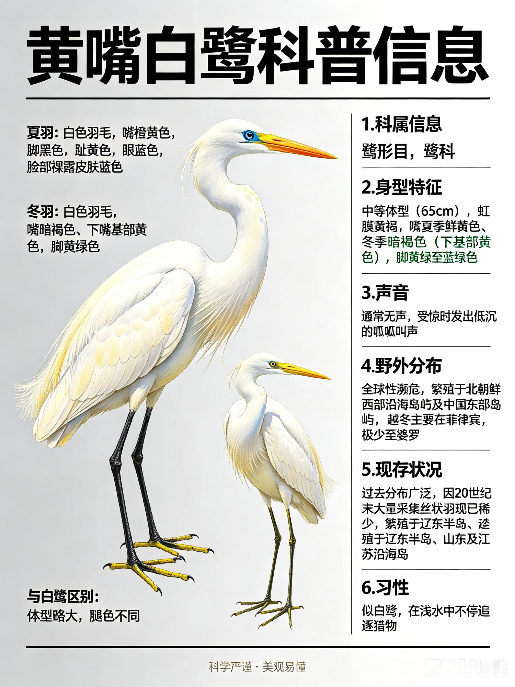 鸟类朋友图鉴黄嘴白鹭·科属：鹳形目，鹭科。·外形特征：中等体型（65cm）的白