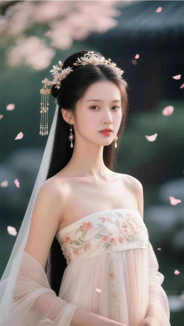 汉服雅致衬娇容，国风古韵显风情。玉颜如莲初绽放，不沾尘世半分埃。