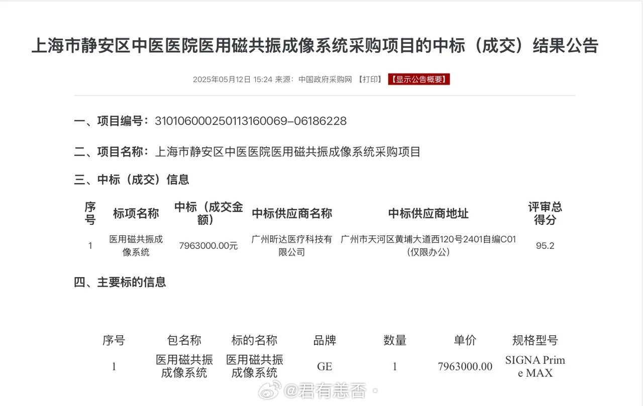 2025年5月，上海市静安区中医医院成功采购1套医用磁共振系统，设备生产商为美国