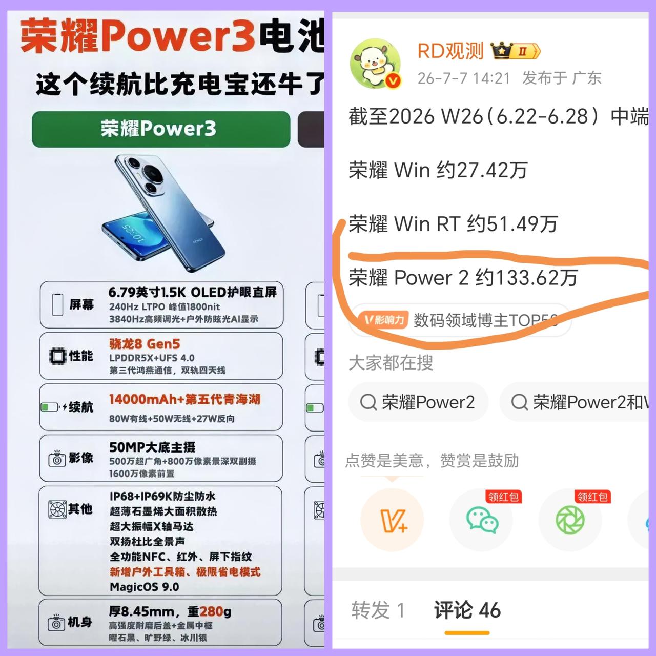 14000mah+骁龙8gen5？如果荣耀Power3的配置真的是这样的话，估