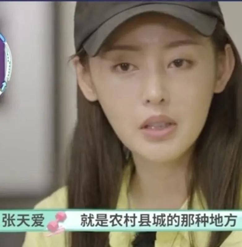 张天爱谈童年经历，说:“我很小的时候，我家就是农村县城的那种地方，然后就把我送到