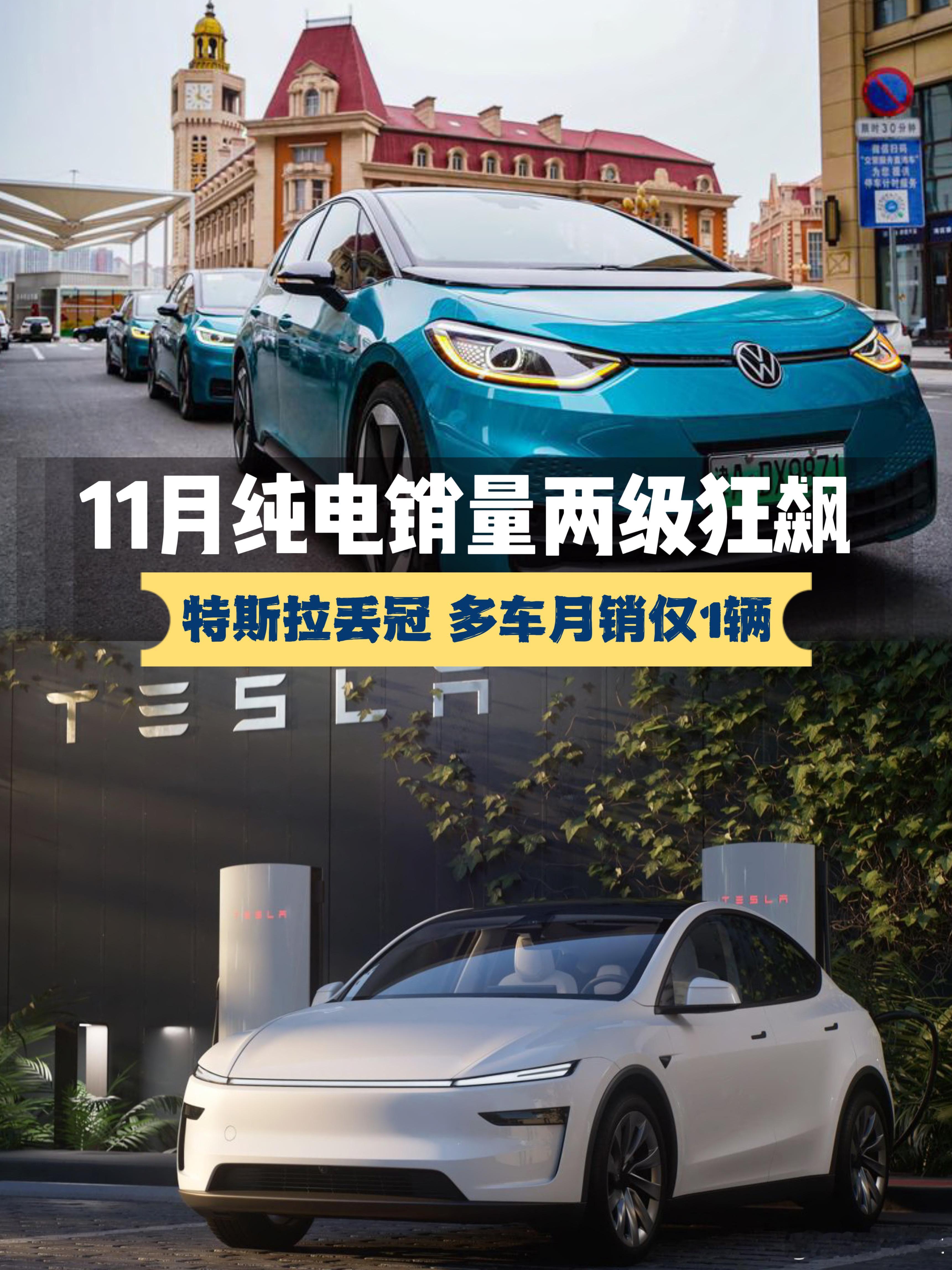 11月纯电车销量两级“狂飙”，特斯拉丢冠，仰望U9月销仅1辆当各大车企晒出11月