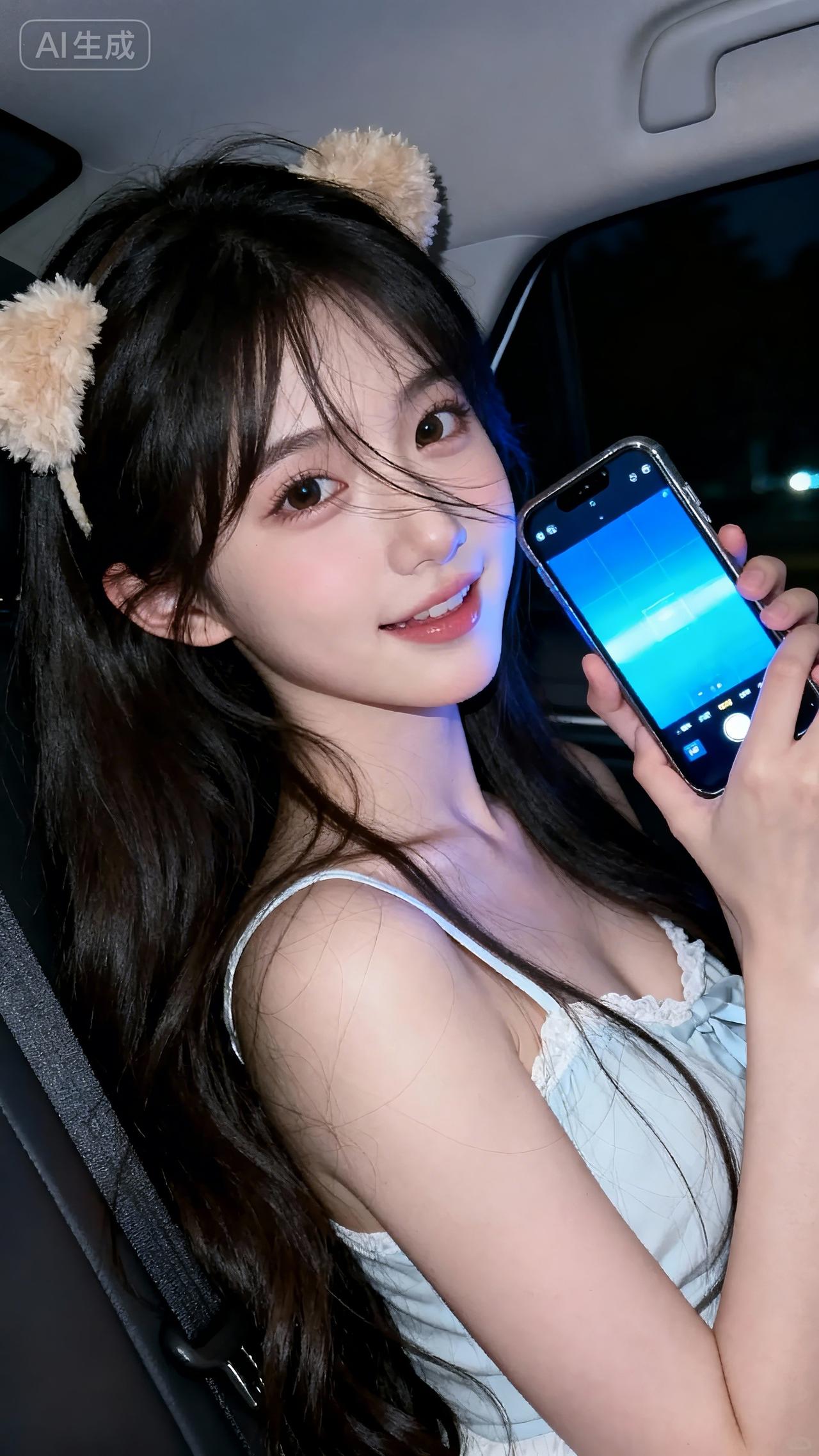 浅蓝蕾丝吊带+毛绒发箍，甜酷氛围感拉满蓝色蕾丝发圈少女蕾丝发圈蕾丝兔耳朵发箍