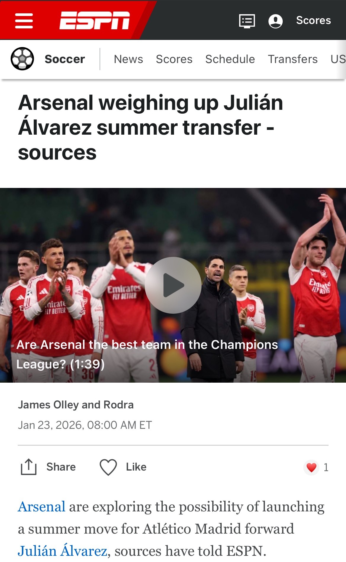 ESPNJamesOlley：消息人士向我们透露，阿森纳正在探索2026年夏