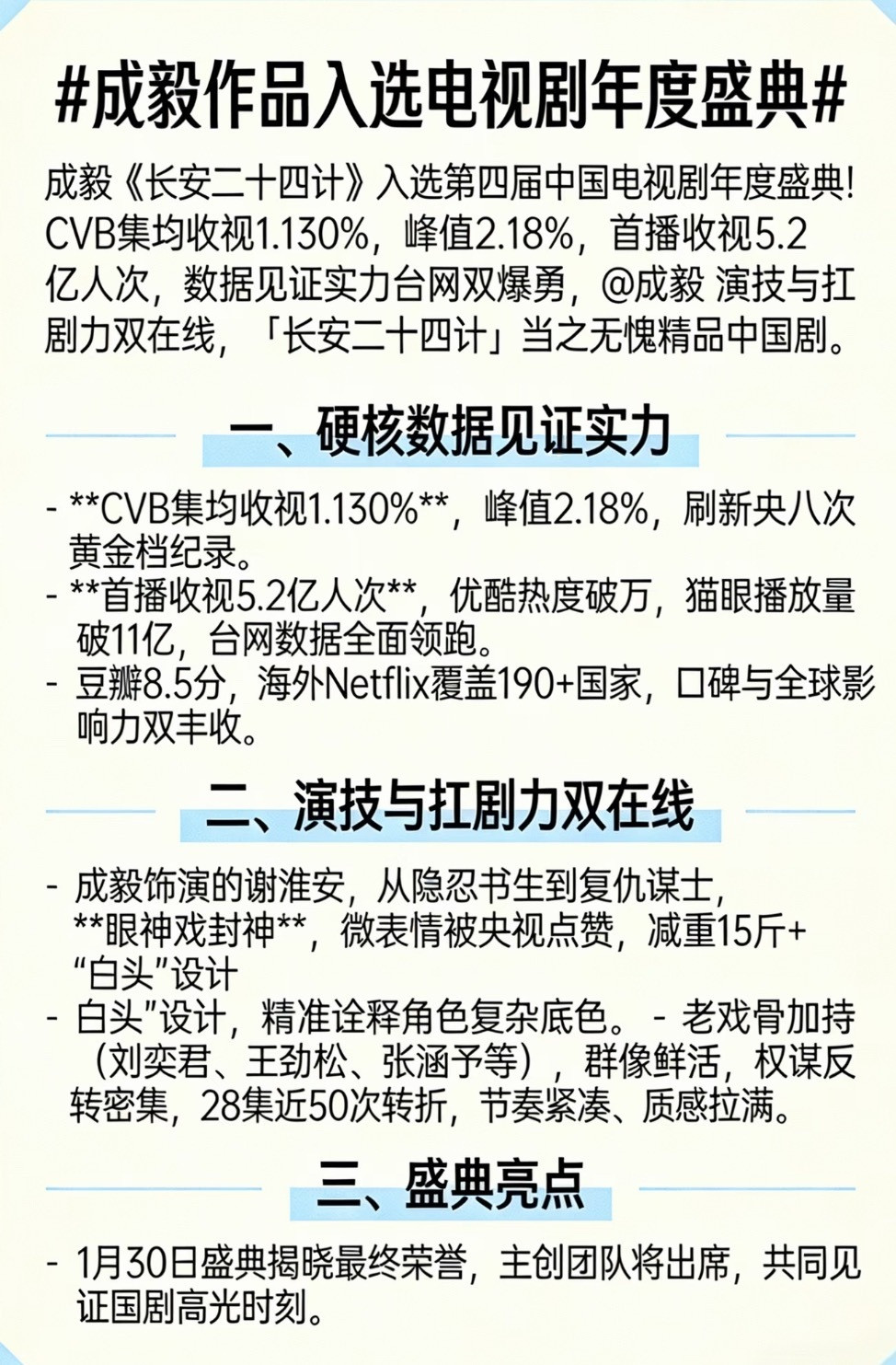 成毅长安二十四计入选电视剧年度盛典，1月30日盛典将揭晓最终荣誉，剧组主创将在现