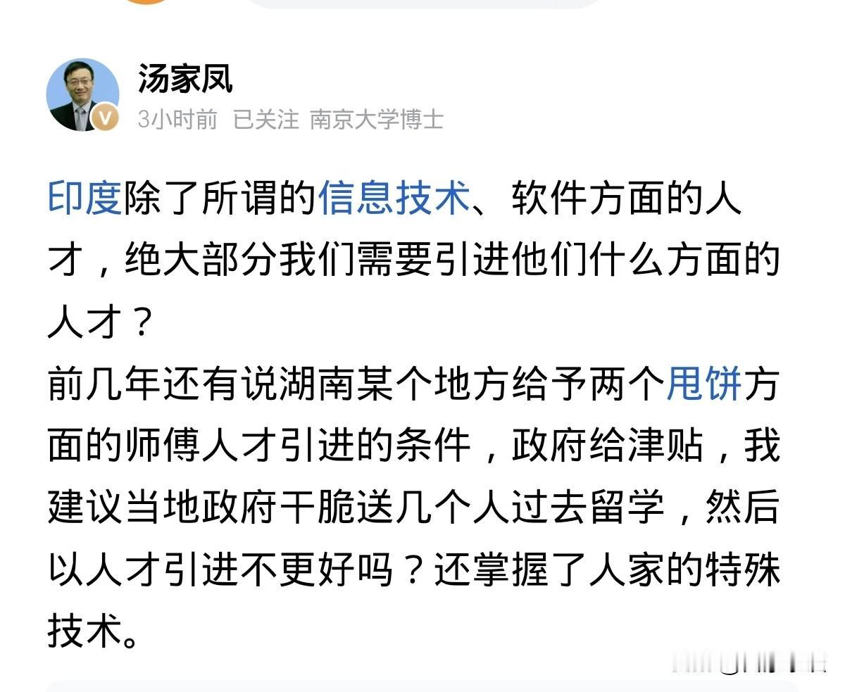 汤家凤先生对于“引进印度人才”的说法。他说，引进印度的人才，主要在信息技术和